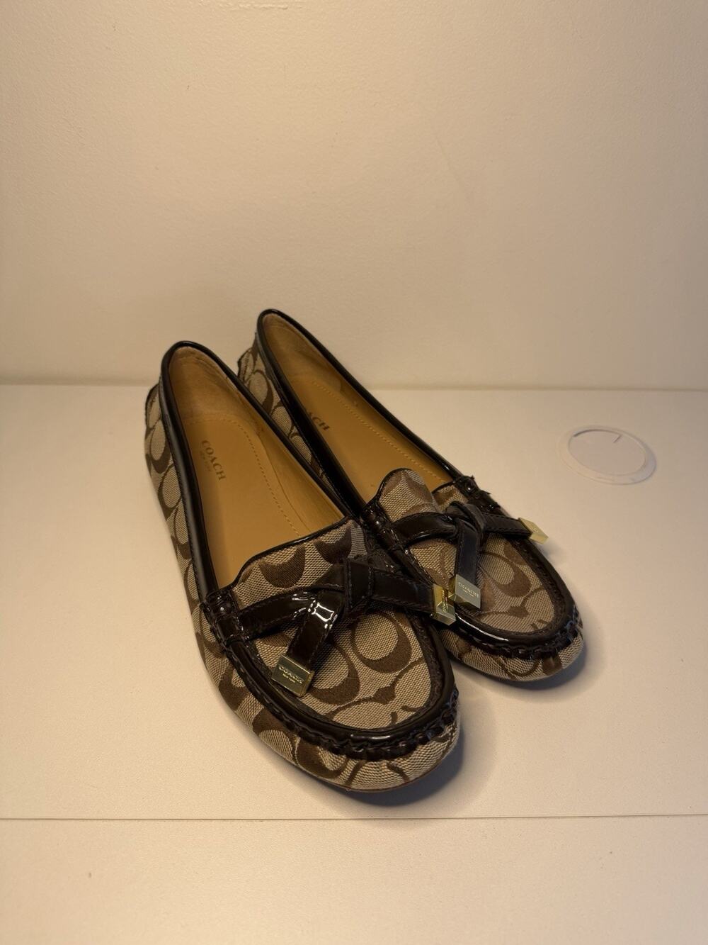 COACH Frida Driving Loafers Brown Jacquard C Patent Leather Trim Women's 8.5 B